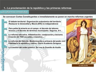 1.- La proclamación de la república y las primeras reformas
Las reformas inmediatas
Se convocan Cortes Constituyentes e inmediatamente se ponen en marcha reformas urgentes
El debate territorial. Organización autonómica del territorio
Restaurar la Generalitat y Maciá (ERC) la independencia
Para paliar la miseria en el campo: el decreto de laboreo
forzoso y el decreto de términos municipales. Seguros, 8 h…
La reforma educativa. Alfabetización, coeducación y laicismo.
Creación de 7000 escuelas y maestros…
La reforma del Ejército. Modernización y primacía del poder civil
Fidelidad a la república y retiros. Cierre Academia Zaragoza
La cuestión del orden público. Se crea la Guardia de Asalto

La niña bonita

 