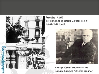 Francésc Maciá
proclamando el Estado Catalán el 14
de abril de 1931

F. Largo Caballero, ministro de
trabajo, llamado “El Lenin español”

 