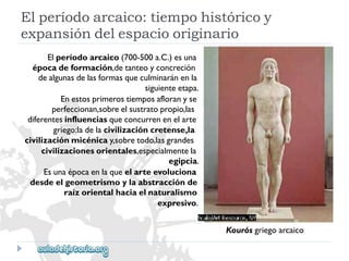Elperíodoarcaico:tiempohistóricoy 
expansióndelespaciooriginario 
Kourósgriegoarcaico 
Elperíodoarcaico(700-500a.C.)esuna 
épocadeformación,detanteoyconcreción 
dealgunasdelasformasqueculminaránenla 
siguienteetapa. 
Enestosprimerostiemposafloranyse 
perfeccionan,sobreelsustratopropio,las 
diferentesinfluenciasqueconcurrenenelarte 
griego:ladelacivilizacióncretense,la 
civilizaciónmicénicay,sobretodo,lasgrandes 
civilizacionesorientales,especialmentela 
egipcia. 
Esunaépocaenlaqueelarteevoluciona 
desdeelgeometrismoylaabstracciónde 
raízorientalhaciaelnaturalismo 
expresivo.  