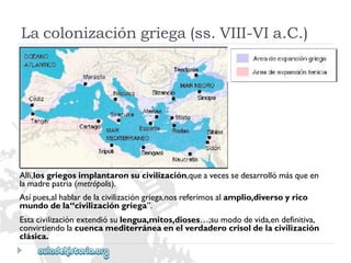 Lacolonizacióngriega(ss.VIII-VIa.C.) 
Allí,losgriegosimplantaronsucivilización,queavecessedesarrollómásqueen 
lamadrepatria(metrópolis). 
Asípues,alhablardelacivilizacióngriega,nosreferimosalamplio,diversoyrico 
mundodela“civilizacióngriega”. 
Estacivilizaciónextendiósulengua,mitos,dioses…;sumododevida,endefinitiva, 
convirtiendolacuencamediterráneaenelverdaderocrisoldelacivilización 
clásica.  