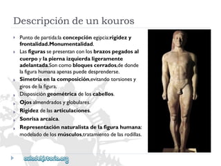 Descripcióndeunkouros 
 
 
 
 
 
 
 
 
Puntodepartida:laconcepciónegipcia:rigidezy 
frontalidad.Monumentalidad. 
Lasfigurassepresentanconlosbrazospegadosal 
cuerpoylapiernaizquierdaligeramente 
adelantada.Soncomobloquescerrados,dedonde 
lafigurahumanaapenaspuededesprenderse. 
Simetríaenlacomposición,evitandotorsionesy 
girosdelafigura. 
Disposicióngeométricadeloscabellos. 
Ojosalmendradosyglobulares. 
Rigidezdelasarticulaciones. 
Sonrisaarcaica. 
Representaciónnaturalistadelafigurahumana: 
modeladodelosmúsculos,tratamientodelasrodillas.  