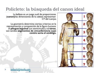 Policleto:labúsquedadelcanonideal 
Labellezaesunjuegosutildeproporciones 
(canon):lasdimensionesdelacabezarepresentan 
1/7delcuerpo. 
Lageometríadeterminaciertoscriteriosenla 
representaciónycomposicióndelafigurahumana: 
elpliegueinguinal(unsemicírculo)yeltórax, 
sonsendossegmentosdecircunferenciacuyo 
centroseríaelombligo.  