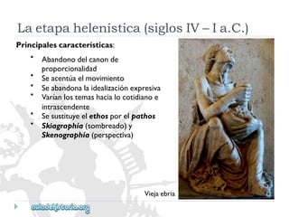 Laetapahelenística(siglosIV–Ia.C.) 
Principalescaracterísticas: 
• 
• 
• 
• 
• 
• 
Abandonodelcanonde 
proporcionalidad 
Seacentúaelmovimiento 
Seabandonalaidealizaciónexpresiva 
Varíanlostemashacialocotidianoe 
intrascendente 
Sesustituyeelethosporelpathos 
Skiagraphía(sombreado)y 
Skenographía(perspectiva) 
Viejaebria  