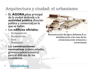 Arquitecturayciudad:elurbanismo 
 
 
ELÁGORA,plazaprincipal 
delaciudaddedicadaala 
actividadpública(función 
políticaycomercial),enla 
quesehallan: 
Losedificiosoficiales: 
 
 
 
 
Ecclesiasterón 
Bouleuterión 
Stoá 
Prytaneion 
 
Lasconstrucciones 
recreativas(odeón,estadio, 
gimnasio,palestra,teatro) 
paraeldisfrutedelos 
ciudadanos. 
ReconstruccióndelágoradeAtenas.Asu 
alrededor,juntoalascasasdelos 
aristócratas,vivíanartesanosy 
comerciantes.  