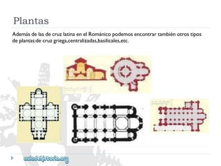 Plantas 
AdemásdelasdecruzlatinaenelRománicopodemosencontrartambiénotrostipos 
deplantas:decruzgriega,centralizadas,basilicales,etc.  