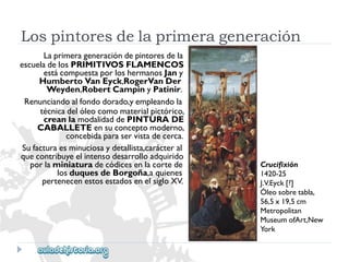 Crucifixión 
1420-25 
J.V.Eyck[?] 
Óleosobretabla, 
56,5x19,5cm 
Metropolitan 
MuseumofArt,New 
York 
Sufacturaesminuciosaydetallista,carácteral 
quecontribuyeelintensodesarrolloadquirido 
porlaminiaturadecódicesenlacortede 
losduquesdeBorgoña,aquienes 
pertenecenestosestadosenelsigloXV. 
Lospintoresdelaprimerageneración 
Laprimerageneracióndepintoresdela 
escueladelosPRIMITIVOSFLAMENCOS 
estácompuestaporloshermanosJany 
HumbertoVanEyck,RogerVanDer 
Weyden,RobertCampinyPatinir. 
Renunciandoalfondodorado,yempleandola 
técnicadelóleocomomaterialpictórico, 
creanlamodalidaddePINTURADE 
CABALLETEensuconceptomoderno, 
concebidaparaservistadecerca.  