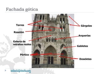 Fachadagótica 
Torres 
Gabletes 
Gárgolas 
Pórtico 
Doseletes 
Galeríade 
retratosreales 
Rosetón 
Arquerías  