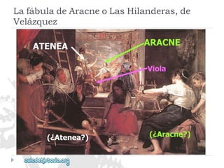 ATENEA 
(¿Atenea?) 
ARACNE 
Viola 
(¿Aracne?) 
LafábuladeAracneoLasHilanderas,de 
Velázquez  