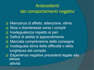 Antecedenti
dei comportamenti negativi
 Mancanza di affetto, attenzione, stima
 Noia o disinteresse verso i compiti
 Inadeguatezza rispetto ai pari
 Deficit di abilità di apprendimento
 Mancata comprensione delle consegne
 Inadeguata stima della difficoltà o della
lunghezza del compito
 Esperienze negative precedenti legate alla
stessa
attività
 