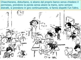 Chiacchierano, disturbano, si alzano dal proprio banco senza chiedere il
permesso, prendono la parola senza alzare la mano, sono sempre
distratti, si prendono in giro continuamente, si fanno dispetti l’un l’altro.
 