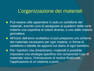 L’organizzazione dei materiali
 Può essere utile appendere in aula un cartellone dei
materiali, avendo cura di assegnare ai quaderni delle varie
materie una copertina di colore diverso, e uno delle materie
giornaliere.
 All’inizio dell’anno scolastico si può preparare uno schema
del materiale necessario per ogni materia, in forma di
cartellone o tabella da apporre sul diario di ogni bambino.
 Per i bambini che dimenticano i materiali è possibile
impostare una strategia specifica che comprenda l’uso di
materiale visivo, l’introduzione di routine finalizzate,
l’applicazione di un sistema a punti…
 