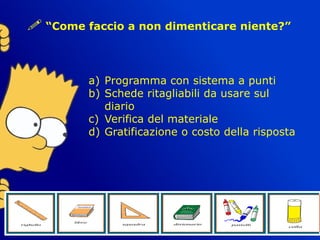 ! “Come faccio a non dimenticare niente?”
a) Programma con sistema a punti
b) Schede ritagliabili da usare sul
diario
c) Verifica del materiale
d) Gratificazione o costo della risposta
 