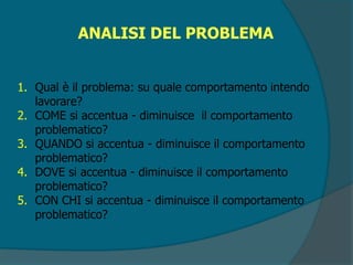 ANALISI DEL PROBLEMA
1. Qual è il problema: su quale comportamento intendo
lavorare?
2. COME si accentua - diminuisce il comportamento
problematico?
3. QUANDO si accentua - diminuisce il comportamento
problematico?
4. DOVE si accentua - diminuisce il comportamento
problematico?
5. CON CHI si accentua - diminuisce il comportamento
problematico?
 