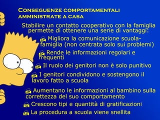 Conseguenze comportamentali
amministrate a casa
Stabilire un contatto cooperativo con la famiglia
permette di ottenere una serie di vantaggi:
 Migliora la comunicazione scuola-
famiglia (non centrata solo sui problemi)
 Rende le informazioni regolari e
frequenti
 Il ruolo dei genitori non è solo punitivo
 I genitori condividono e sostengono il
lavoro fatto a scuola
 Aumentano le informazioni al bambino sulla
correttezza del suo comportamento
 Crescono tipi e quantità di gratificazioni
 La procedura a scuola viene snellita
 