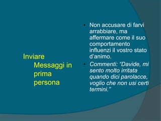 Inviare
Messaggi in
prima
persona
• Non accusare di farvi
arrabbiare, ma
affermare come il suo
comportamento
influenzi il vostro stato
d’animo.
• Commenti: “Davide, mi
sento molto irritata
quando dici parolacce,
voglio che non usi certi
termini.”
 
