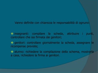 Vanno definite con chiarezza le responsabilità di ognuno:
 insegnanti: compilare la scheda, attribuire i punti,
controllare che sia firmata dai genitori;
 genitori: controllare giornalmente la scheda, assegnare le
ricompense previste;
 alunno: richiedere la compilazione della schema, mostrarla
a casa, richiedere la firma ai genitori.
 
