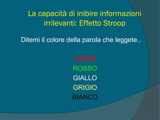 La capacità di inibire informazioni
irrilevanti: Effetto Stroop
Ditemi il colore della parola che leggete..
VERDE
ROSSO
GIALLO
GRIGIO
BIANCO
 