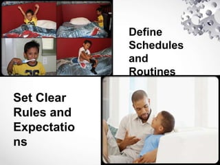 Define
Schedules
and
Routines
Set Clear
Rules and
Expectatio
ns
 