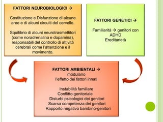 FATTORI NEUROBIOLOGICI 
Costituzione e Disfunzione di alcune
aree e di alcuni circuiti del cervello.
Squilibrio di alcuni neurotrasmettitori
(come noradrenalina e dopamina),
responsabili del controllo di attività
cerebrali come l’attenzione e il
movimento.
FATTORI GENETICI 
Familiarità  genitori con
ADHD
Ereditarietà
FATTORI AMBIENTALI 
modulano
l’effetto dei fattori innati
Instabilità familiare
Conflitto genitoriale
Disturbi psicologici dei genitori
Scarsa competenza dei genitori
Rapporto negativo bambino-genitori
 