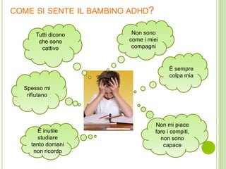 COME SI SENTE IL BAMBINO ADHD?
È sempre
colpa mia
Non mi piace
fare i compiti,
non sono
capace
É inutile
studiare
tanto domani
non ricordo
Non sono
come i miei
compagni
Tutti dicono
che sono
cattivo
Spesso mi
rifiutano
 