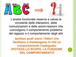 Ipotizza quali siano i fattori che
facilitano o mantengono in vita un
comportamento inadeguato.
IPOTIZZA LO SCOPO, LA FUNZIONE
DEL COMPORTAMENTO
 