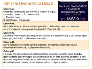 CRITERI DIAGNOSTICI DSM 5
Criterio A.
Presenza persistente per almeno 6 mesi di 6 (o più)
sintomi al punto 1 o 2 o in entrambi.
1. Disattenzione
2. Iperattività - Impulsività
Criterio B.
Alcuni dei sintomi di iperattività-impulsività o di disattenzione che causano
compromissione erano presenti prima dei 12 anni di età.
Criterio C.
Una certa menomazione a seguito dei sintomi è presente in due o più contesti (ad
esempio, a scuola - o al lavoro - e a casa).
Criterio D.
Deve esserci un’evidente compromissione, clinicamente significativa, del
funzionamento sociale, scolastico o lavorativo.
Criterio E.
I sintomi non si manifestano esclusivamente durante il decorso di un disturbo
generalizzato dello sviluppo, di schizofrenia o di un altro disturbo psicotico, e non
risultano meglio attribuibili ad un altro disturbo mentale (ad es. disturbo dell’umore,
disturbo d’ansia, disturbo dissociativo o disturbo di personalità).
 