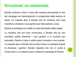 SITUAZIONE DA OSSERVARE
Davide continua a fare il verso alla maestra provocando le risa
dei compagni ed interrompendo lo svolgimento della lezione di
storia. La maestra dice a Davide che se continua così sarà
costretta a chiamare i suoi genitori per farlo portare a casa.
Davide si arrampica e si siede in cima all’armadio della classe.
La maestra urla con tono minaccioso a Davide che se non
scenderà subito chiamerà i suoi genitori e si avvicina per
prenderlo. Davide si alza in piedi sopra l’armadio e non scende.
La maestra dice a Davide che se farà il bravo e scenderà eviterà
di chiamare i genitori. Davide risponde che non ci crede e
rimane dov’è. La maestra esce e chiama lo psicologo di Davide
 