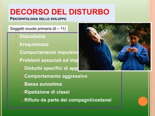  Distraibilità
 Irrequietezza
 Comportamento impulsivo e dirompente
 Problemi associati ed implicazioni
 Disturbi specifici di apprendimento
 Comportamento aggressivo
 Bassa autostima
 Ripetizione di classi
 Rifiuto da parte dei compagni/coetanei
DECORSO DEL DISTURBO
PSICOPATOLOGIA DELLO SVILUPPO
Soggetti scuola primaria (6 – 11)
 