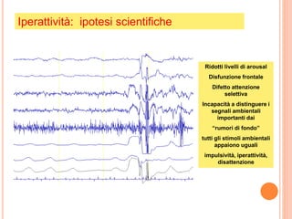Iperattività: ipotesi scientifiche
Ridotti livelli di arousal
Disfunzione frontale
Difetto attenzione
selettiva
Incapacità a distinguere i
segnali ambientali
importanti dai
“rumori di fondo”
tutti gli stimoli ambientali
appaiono uguali
impulsività, iperattività,
disattenzione
 