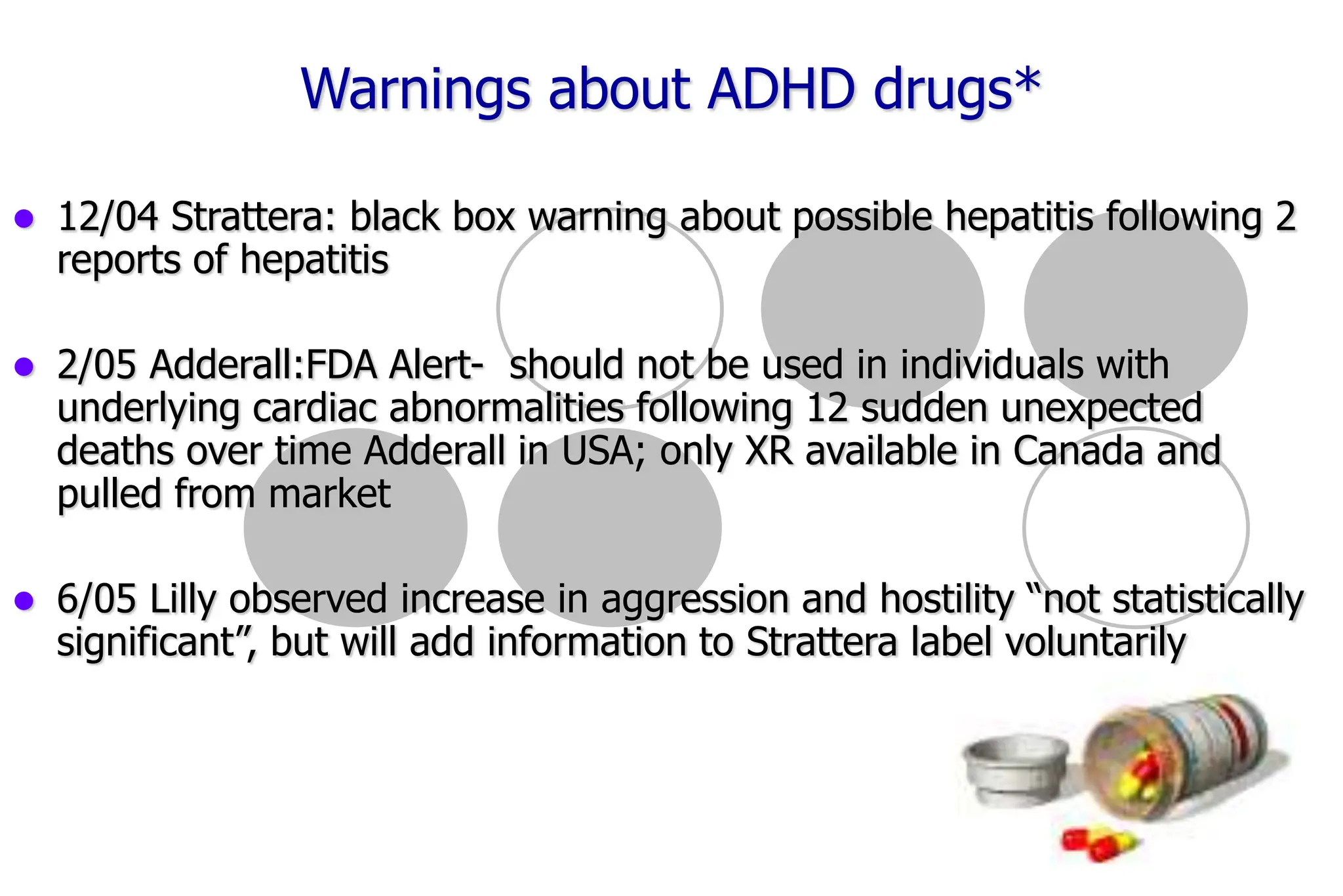 26
Warnings about ADHD drugs*
12/04 Strattera: black box warning about possible hepatitis following 2
reports of hepatitis
2/05 Adderall:FDA Alert- should not be used in individuals with
underlying cardiac abnormalities following 12 sudden unexpected
deaths over time Adderall in USA; only XR available in Canada and
pulled from market
6/05 Lilly observed increase in aggression and hostility “not statistically
significant”, but will add information to Strattera label voluntarily
