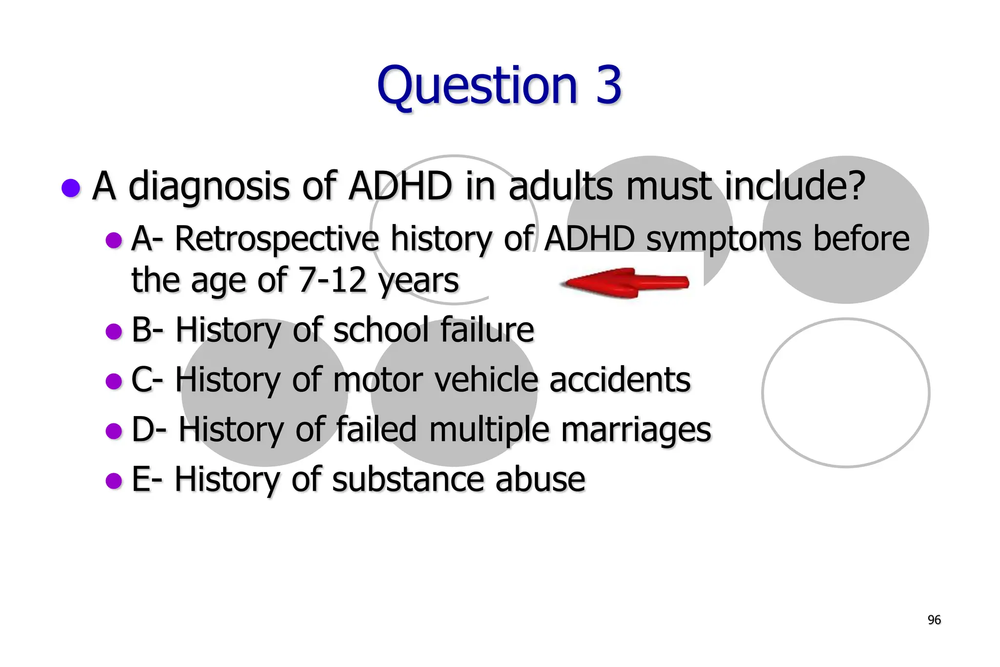 96
Question 3
A diagnosis of ADHD in adults must include?
A- Retrospective history of ADHD symptoms before
the age of 7-12 years
B- History of school failure
C- History of motor vehicle accidents
D- History of failed multiple marriages
E- History of substance abuse