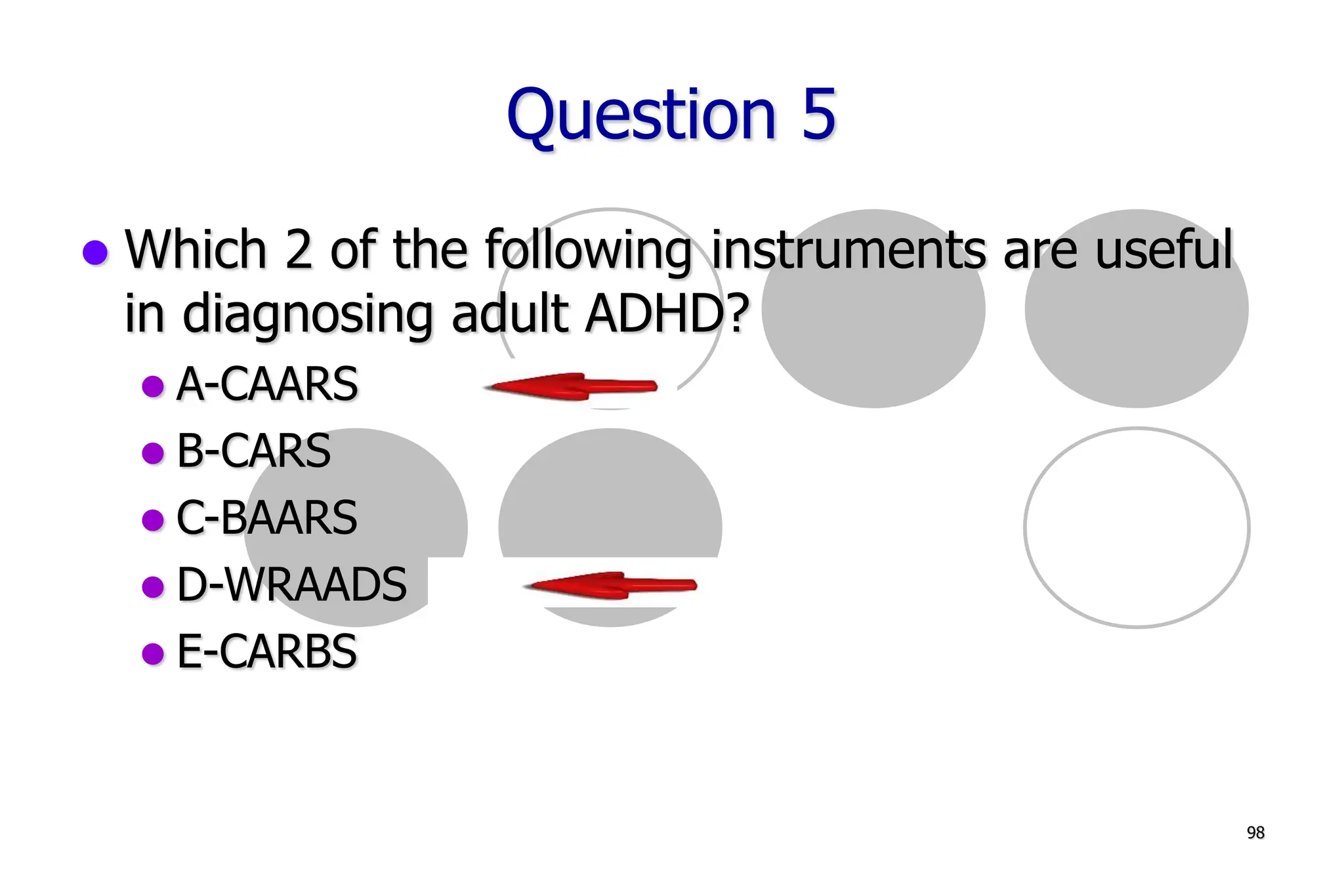 98
Question 5
Which 2 of the following instruments are useful
in diagnosing adult ADHD?
A-CAARS
B-CARS
C-BAARS
D-WRAADS
E-CARBS