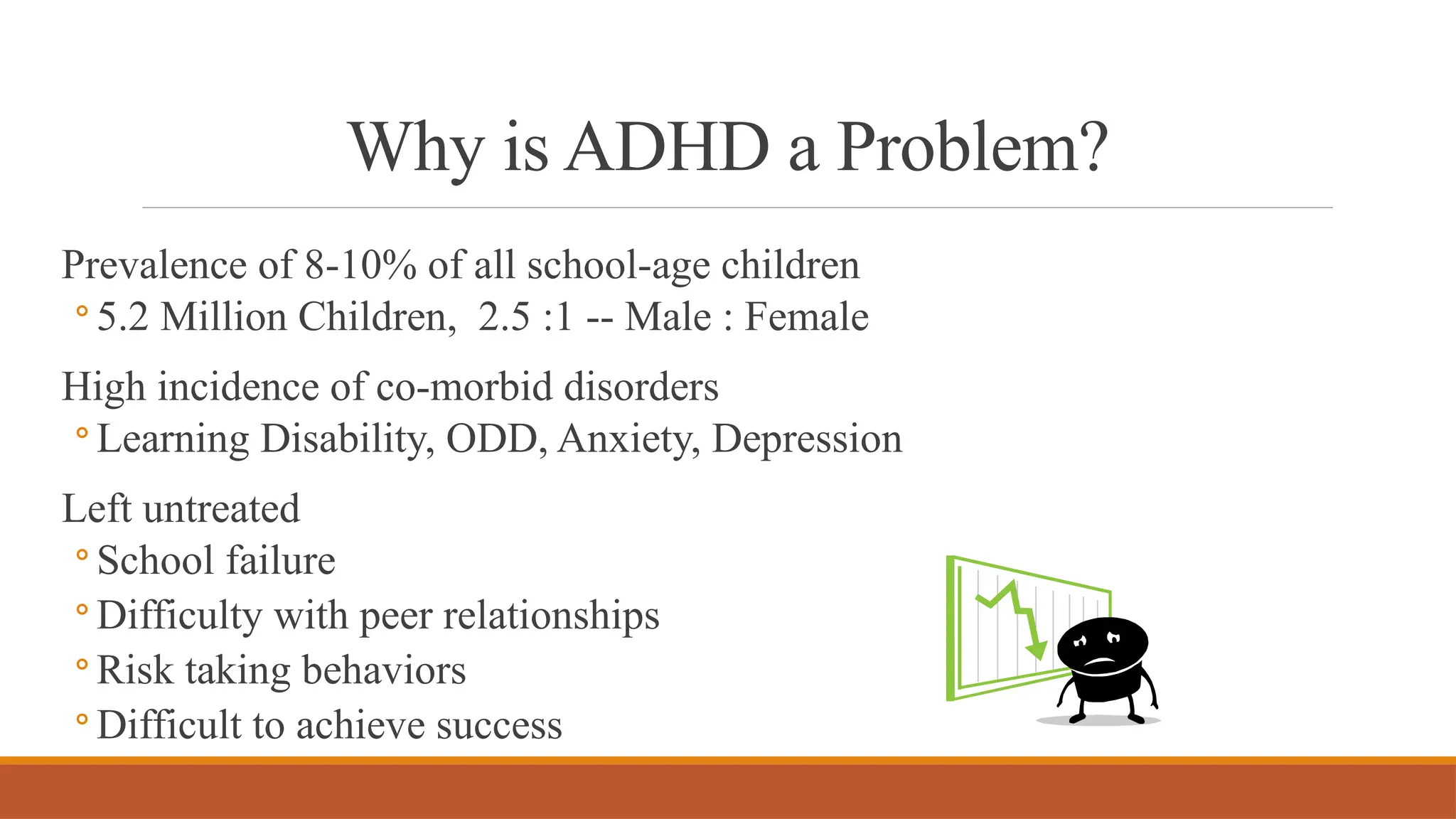 Why is ADHD a Problem?
Prevalence of 8-10% of all school-age children
◦ 5.2 Million Children, 2.5 :1 -- Male : Female
High incidence of co-morbid disorders
◦ Learning Disability, ODD, Anxiety, Depression
Left untreated
◦ School failure
◦ Difficulty with peer relationships
◦ Risk taking behaviors
◦ Difficult to achieve success
 