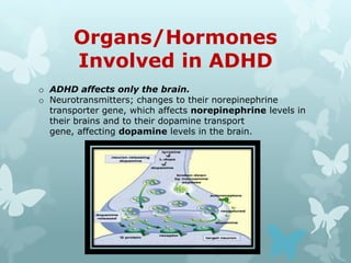 Organs/Hormones
       Involved in ADHD
o ADHD affects only the brain.
o Neurotransmitters; changes to their norepinephrine
  transporter gene, which affects norepinephrine levels in
  their brains and to their dopamine transport
  gene, affecting dopamine levels in the brain.
 