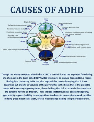 CAUSES OF ADHD
Though the widely accepted view is that ADHD is caused due to the improper functioning
of a chemical in the brain called DOPAMINE which acts as a neuro-transmitter, a recent
finding by a University in UK has also negated this theory by saying that it is not
dopamine but a faulty structuring of the grey matter in the brain that is the probable
cause. With so many opposing views, the only thing that is for certain is the symptoms
the patients have to go through. These include inattentiveness, constant fidgeting,
hyperactivity, a gross inability to manage time, tendency to procrastinate work, problem
in doing gross motor skills work, erratic mood swings leading to bipolar disorder etc.
 