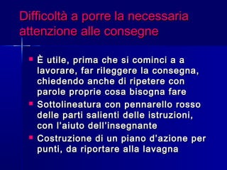 Difficoltà a porre la necessariaDifficoltà a porre la necessaria
attenzione alle consegneattenzione alle consegne
 È utile, prima che si cominci a aÈ utile, prima che si cominci a a
lavorare, far rileggere la consegna,lavorare, far rileggere la consegna,
chiedendo anche di ripetere conchiedendo anche di ripetere con
parole proprie cosa bisogna fareparole proprie cosa bisogna fare
 Sottolineatura con pennarello rossoSottolineatura con pennarello rosso
delle parti salienti delle istruzioni,delle parti salienti delle istruzioni,
con l’aiuto dell’insegnantecon l’aiuto dell’insegnante
 Costruzione di un piano d’azione perCostruzione di un piano d’azione per
punti, da riportare alla lavagnapunti, da riportare alla lavagna
 