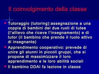 Il coinvolgimento della classeIl coinvolgimento della classe
 Tutoraggio (tutoring):assegnazione a unaTutoraggio (tutoring):assegnazione a una
coppia di bambini dei due ruoli di tuteecoppia di bambini dei due ruoli di tutee
(l’allievo che riceve l’insegnamento) e di(l’allievo che riceve l’insegnamento) e di
tutor (il bambino che prende il ruolo attivotutor (il bambino che prende il ruolo attivo
di insegnante)di insegnante)
 Apprendimento cooperativo: prevede diApprendimento cooperativo: prevede di
unire gli alunni in piccoli gruppi, che siunire gli alunni in piccoli gruppi, che si
propone di massimizzare il loropropone di massimizzare il loro
apprendimento e le loro abilità socialiapprendimento e le loro abilità sociali
 Il bambino DDAI fa lezione in classeIl bambino DDAI fa lezione in classe
 