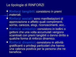 Le tipologie di RINFORZILe tipologie di RINFORZI
 Rinforzi tangibiliRinforzi tangibili : consistono in premi: consistono in premi
materiali.materiali.
 Rinforzi socialiRinforzi sociali: sono manifestazioni di: sono manifestazioni di
approvazione e affetto quali complimenti,approvazione e affetto quali complimenti,
sorrisi, carezze, elogi, riconoscimenti, ecc..sorrisi, carezze, elogi, riconoscimenti, ecc..
 Rinforzi simboliciRinforzi simbolici : consistono in bollini o: consistono in bollini o
gettoni che una volta accumulati vengonogettoni che una volta accumulati vengono
scambiati con premi tangibili o danno diritto ascambiati con premi tangibili o danno diritto a
qualche forma di rinforzo dinamico.qualche forma di rinforzo dinamico.
 Rinforzi dinamiciRinforzi dinamici : consistono in attività: consistono in attività
gratificanti o privilegi particolari che hannogratificanti o privilegi particolari che hanno
una valenza positiva per la persona che neuna valenza positiva per la persona che ne
beneficia.beneficia.
 
