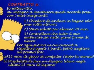 CONTRATTO aCONTRATTO a
1) Chiedere di andare in bagno solo
una volta all’ora;
2) Stare seduto per almeno 20 min.
3) Controllare che tutto il mio
materiale sia nello zaino prima di
uscire
Per ogni giorno in cui riuscirò a
rispettare questi 3 punti, potrò scegliere
un premio fra:
a)15 min. di gioco al computer (dopo la mensa)
b) Possibilità di fare un disegno libero negli
ultimi 15 min. di lezione
Io sottoscritto,
mi impegno a mantenere questi accordi presi
con i miei insegnanti:
 