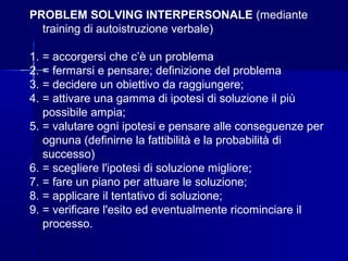 PROBLEM SOLVING INTERPERSONALE (mediante
training di autoistruzione verbale)
1. = accorgersi che c’è un problema
2. = fermarsi e pensare; definizione del problema
3. = decidere un obiettivo da raggiungere;
4. = attivare una gamma di ipotesi di soluzione il più
possibile ampia;
5. = valutare ogni ipotesi e pensare alle conseguenze per
ognuna (definirne la fattibilità e la probabilità di
successo)
6. = scegliere l'ipotesi di soluzione migliore;
7. = fare un piano per attuare le soluzione;
8. = applicare il tentativo di soluzione;
9. = verificare l'esito ed eventualmente ricominciare il
processo.
 