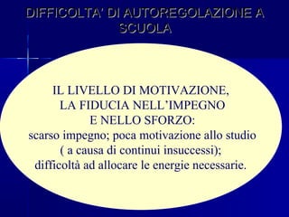 DIFFICOLTA’ DI AUTOREGOLAZIONE ADIFFICOLTA’ DI AUTOREGOLAZIONE A
SCUOLASCUOLA
IL LIVELLO DI MOTIVAZIONE,
LA FIDUCIA NELL’IMPEGNO
E NELLO SFORZO:
scarso impegno; poca motivazione allo studio
( a causa di continui insuccessi);
difficoltà ad allocare le energie necessarie.
 