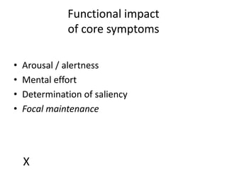 Functional impact
              of core symptoms

•   Arousal / alertness
•   Mental effort
•   Determination of saliency
•   Focal maintenance




    X
 