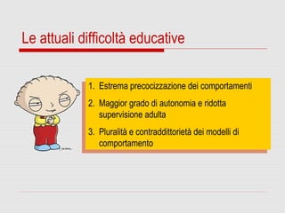 Le attuali difficoltà educative
1. Estrema precocizzazione dei comportamenti
2. Maggior grado di autonomia e ridotta
supervisione adulta
3. Pluralità e contraddittorietà dei modelli di
comportamento
1. Estrema precocizzazione dei comportamenti
2. Maggior grado di autonomia e ridotta
supervisione adulta
3. Pluralità e contraddittorietà dei modelli di
comportamento
 