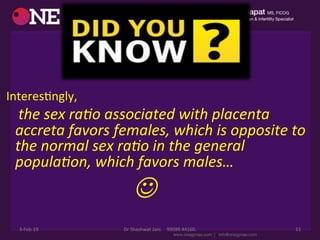  InteresDngly,	
  
	
  	
  	
  	
  	
  the	
  sex	
  ra%o	
  associated	
  with	
  placenta	
  
accreta	
  favors	
  females,	
  which	
  is	
  opposite	
  to	
  
the	
  normal	
  sex	
  ra%o	
  in	
  the	
  general	
  
popula%on,	
  which	
  favors	
  males…	
  
	
  	
  	
  	
  	
  	
  	
  	
  	
  	
  	
  	
  	
  	
  	
  	
  	
  	
  	
  	
  	
  	
  	
  	
  	
  	
  	
  	
  	
  	
  	
  	
  	
  	
  	
  J	
  
3-­‐Feb-­‐19	
   Dr	
  Shashwat	
  Jani.	
  	
  	
  	
  99099	
  44160.	
   11	
  
 