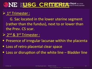USG CRITERIA
Ø 	
  1st	
  Trimester	
  :	
  
	
  	
  	
  	
  	
  	
  	
  	
  G.	
  Sac	
  located	
  in	
  the	
  lower	
  uterine	
  segment	
  
(rather	
  than	
  the	
  fundus),	
  next	
  to	
  or	
  lower	
  than	
  
the	
  Prev.	
  CS	
  scar.	
  
Ø 	
  2nd	
  &	
  3rd	
  Trimester	
  :	
  
§  Presence	
  of	
  irregular	
  lacunae	
  within	
  the	
  placenta	
  
§  Loss	
  of	
  retro	
  placental	
  clear	
  space	
  	
  
§  Loss	
  or	
  disrupDon	
  of	
  the	
  white	
  line	
  –	
  Bladder	
  line	
  
	
  	
  	
  	
  	
  	
  	
  
3-­‐Feb-­‐19	
   Dr	
  Shashwat	
  Jani.	
  	
  	
  	
  99099	
  44160.	
   15	
  
 