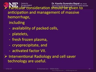 Ø 	
  ParDcular	
  consideraDon	
  should	
  be	
  given	
  to	
  
anDcipaDon	
  and	
  management	
  of	
  massive	
  
hemorrhage,	
  	
  
	
  	
  	
  	
  	
  including	
  
	
  	
  	
  	
  	
  -­‐	
  	
  availability	
  of	
  packed	
  cells,	
  	
  
	
  	
  	
  	
  	
  -­‐	
  	
  platelets,	
  	
  
	
  	
  	
  	
  	
  -­‐	
  	
  fresh	
  frozen	
  plasma,	
  	
  
	
  	
  	
  	
  	
  -­‐	
  	
  cryoprecipitate,	
  and	
  	
  
	
  	
  	
  	
  	
  -­‐	
  	
  acDvated	
  factor	
  VII.	
  
Ø 	
  IntervenDonal	
  Radiology	
  and	
  cell	
  saver	
  
technology	
  are	
  useful.	
  
3-­‐Feb-­‐19	
   Dr	
  Shashwat	
  Jani.	
  	
  	
  	
  99099	
  44160.	
   25	
  
 