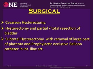 Surgical
Ø 	
  Cesarean	
  Hysterectomy.	
  
Ø 	
  Hysterectomy	
  and	
  parDal	
  /	
  total	
  resecDon	
  of	
  
bladder	
  
Ø 	
  Subtotal	
  Hysterectomy	
  	
  with	
  removal	
  of	
  large	
  part	
  
of	
  placenta	
  and	
  ProphylacDc	
  occlusive	
  Balloon	
  
catheter	
  in	
  int.	
  iliac	
  art.	
  
3-­‐Feb-­‐19	
   Dr	
  Shashwat	
  Jani.	
  	
  	
  	
  99099	
  44160.	
   30	
  
 