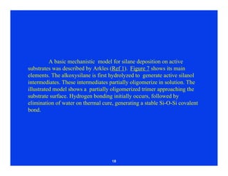 18
A basic mechanistic model for silane deposition on active
substrates was described by Arkles (Ref 1). Figure 7 shows its main
elements. The alkoxysilane is first hydrolyzed to generate active silanol
intermediates. These intermediates partially oligomerize in solution. The
illustrated model shows a partially oligomerized trimer approaching the
substrate surface. Hydrogen bonding initially occurs, followed by
elimination of water on thermal cure, generating a stable Si-O-Si covalent
bond.
 