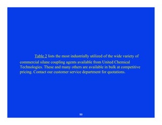 50
Table 2 lists the most industrially utilized of the wide variety of
commercial silane coupling agents available from United Chemical
Technologies. These and many others are available in bulk at competitive
pricing. Contact our customer service department for quotations.
 