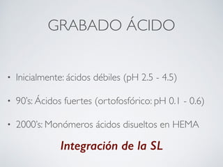 GRABADO ÁCIDO
• Inicialmente: ácidos débiles (pH 2.5 - 4.5)
• 90’s: Ácidos fuertes (ortofosfórico: pH 0.1 - 0.6)
• 2000’s: Monómeros ácidos disueltos en HEMA
Integración de la SL
 